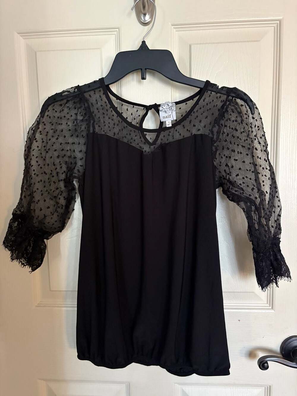 naïf Black Long Sleeve Blouse with Swiss Dot Mesh and Lace Trim